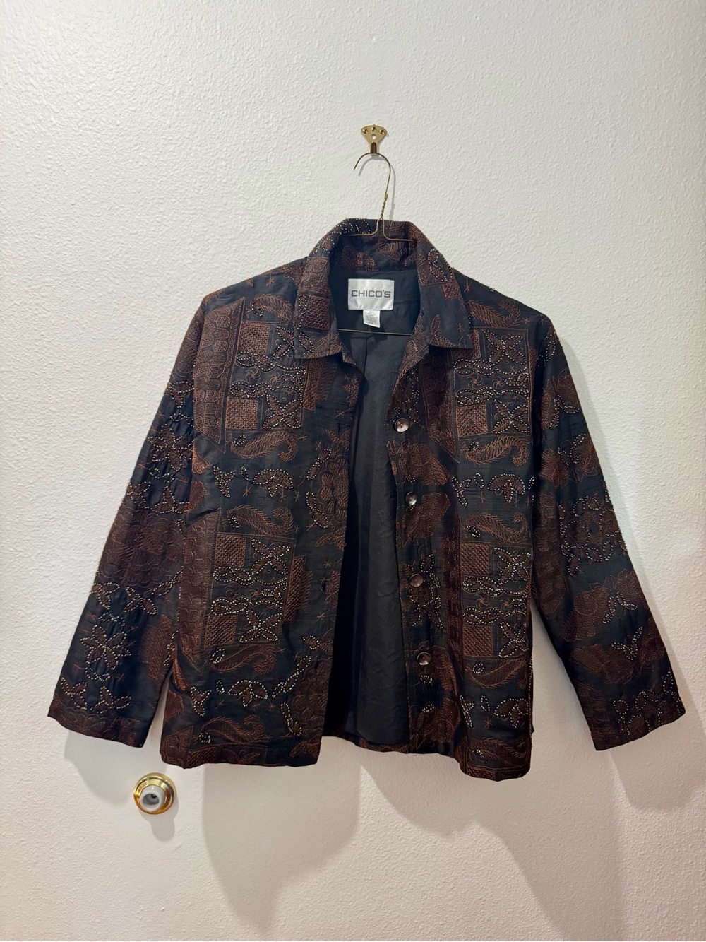 Chico's Black and Brown Embellished Silk Jacket